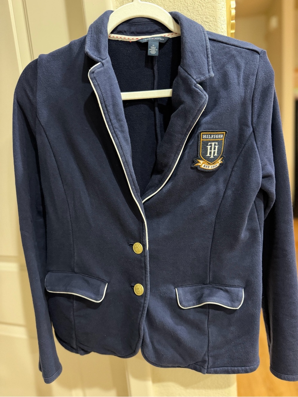 Tommy Hilfiger Navy Knit Blazer Jacket White Piping Gold Crest Buttons Medium M